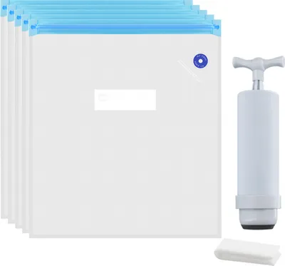 A set of vacuum seal bags and a manual pump for 3D printer filament.