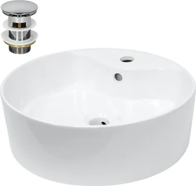 Produktbild von LuxeBath Waschbecken Aufsatzwaschbecken Rund, Ø 46x15,5 cm, Weiß, aus Keramik, inkl. Ablaufgarnitur mit Überlauf