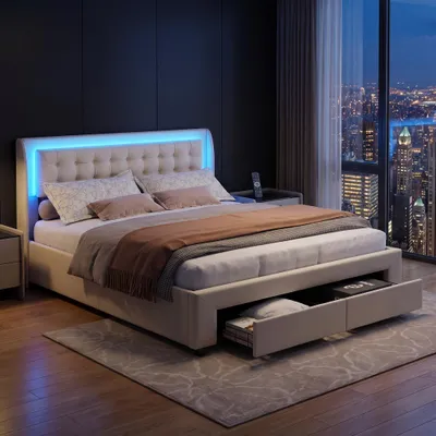 Produktbild von INONEFT Polsterbett Boxspringbett 140x190cm mit LED, Bett mit 2 Schubladen,hydraulisches Stauraumbett,Bettgestell mit Lattenrost,Bettkasten,Samt,Beige
