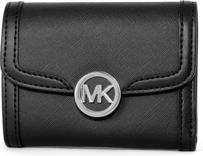 A close-up, front-facing studio shot of a black Michael Kors wallet.