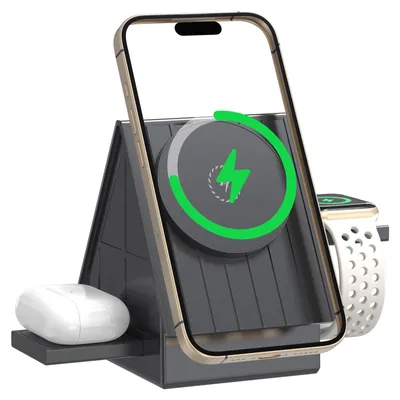 Produktbild von Wireless Charger, 3 in 1 Induktive Ladestation Schnellladegeraet 15W Magnetisches Kabelloses Ladegeraet fuer iPhone, Samsung, Huawei, Xiaomi, Apple Watch, AirPods,Grau