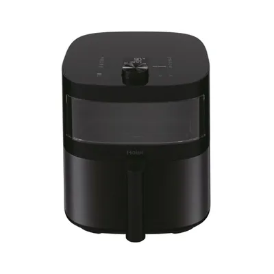 A black Haier air fryer is shown against a white background.