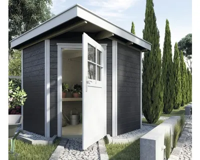Produktbild von WEKA 229.2121.16400 Gartenhaus/Blockbohlenhaus Quinta mit Einzeltür ; Größe: 1 ; Farbgebung: Anthrazit ; Wandstärke: 21 mm ; Maße (LxBxH): 205 cm x 209 cm x 217 cm ; Seitenwandhöhe: 197 cm
