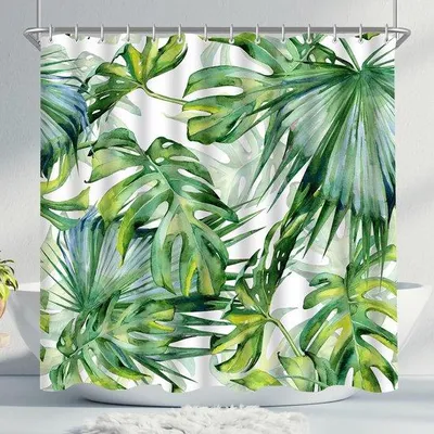 Produktbild von Famanu Duschvorhang 240 x 200 cm - Grüne Blätter, wasserabweisend, waschbar
