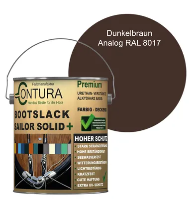 Produktbild von Contura Bootslack 2,5Liter. Farbig Glänzend Yacht- Buntlack Metall Holz GFK Holzlack Schiffslack RAL Boot - Dunkelbraun - RAL 8017 Analog