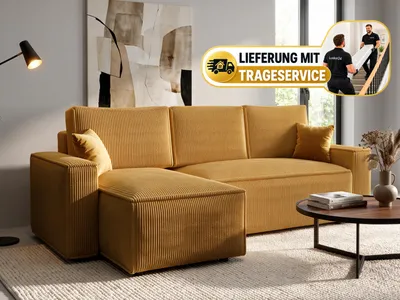 Produktbild von Ecksofa, Ecksofa mit Schlaffunktion, Eckcouch mit Bettkasten links-rechts CORD Stoff (Senf) - AMRO