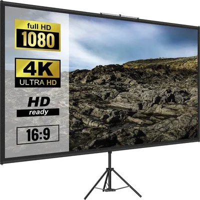Obrázek produktu pro 90palcové promítací plátno – 16:9 4K HD – přenosné plátno se stojanem – nastavitelná výška – pro vnitřní i venkovní použití – domácí kino a prezentace