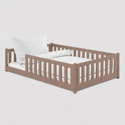 Produktbild von Kinderbett Bodenbett 120x200 cm mit Rausfallschutz & Lattenrost Montessori Bett Bed Gitterbett Kinder Jugendbett Einzelbett | Milchschokolade