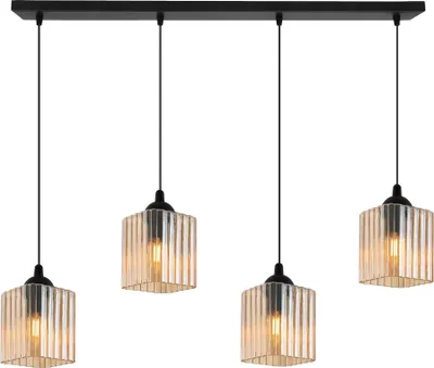 Image de Suspension Riffle noire à 4 ampoules avec abat-jours cubiques couleur miel E27 – suspension élégante pour un éclairage intérieur moderne