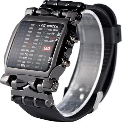 A close-up studio shot of a digital LED watch.