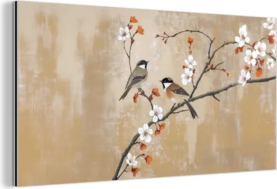 Produktbild von MuchoWow Wanddekoration Metall Metallbild Wandkunst 120x60 cm Vögel - Blütenzweig - Orange MuchoWow Aluminium Gemälde - Metalbilder