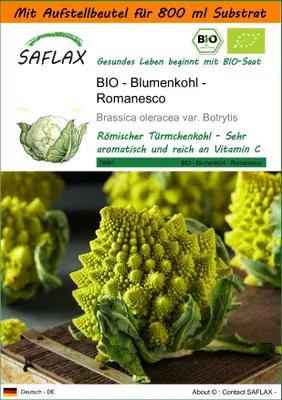Produktbild von SAFLAX - Garden in the Bag - BIO - Blumenkohl - Romanesco - 50 Samen - Mit Anzuchtsubstrat im praktischen, selbst aufstellenden Beutel - Brassica oleracea