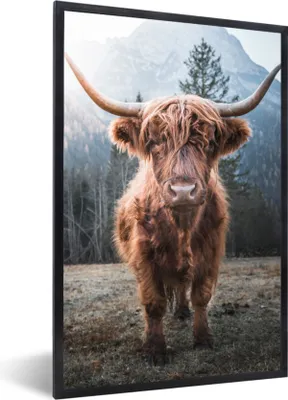Produktbild von MuchoWow® Gerahmtes Poster Schottischer Hochländer - Kuh - Tiere - Berg - Natur 60x90 cm - Poster mit Schwarzem Bilderrahmen Wandposter Rahmen Foto Bilder - Kunst