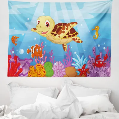 Produktbild von ABAKUHAUS Kids Wandteppich, Baby-Schildkröte Fische aus Weiches Mikrofaser Stoff Waschbar ohne Verblassen Digitaldruck, 150 x 110 cm, Mehrfarbig