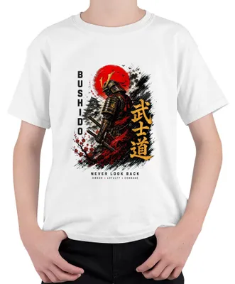 Obrázok produktu pre Bushido, kódex samurajov, japonský bojovník, slnko, katana, obdobie Y2K, ronin, šógun, detské tričko, biela farba, veľkosť 152