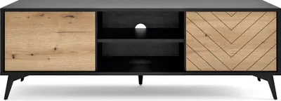 A front view of a black TV stand with two wooden doors and open shelving in the center.