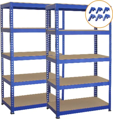 Immagine prodotto di Set di 2 scaffali T-Rax per carichi pesanti, scaffali da magazzino, scaffali da officina, scaffali da cantina, scaffali a incastro, blu, 75 cm x 150 cm x 30 cm, con elementi di collegamento, ripiani in MDF da 6 mm di spessore, 5 ripiani, portata di 150 kg per ripiano