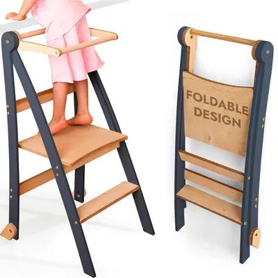 Zdjęcie produktu dla Drewniana drabinka edukacyjna Montessori zajmująca mało miejsca: składana drabinka edukacyjna, stołek dla dzieci, składane schody dla dzieci, drabinka edukacyjna z zabezpieczeniem przed przewróceniem