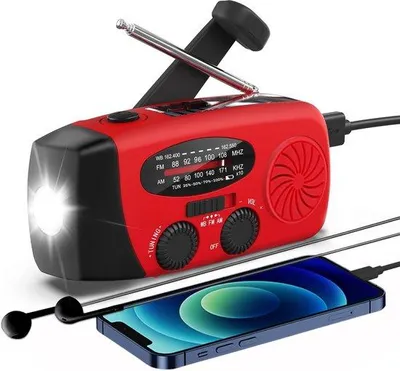 Image de Radio solaire àmanuelle avec lampe de poche LED et batterie externe USB de 2000 mAh, radio météo FM/AM, alarme SOS pour la randonnée et le camping.