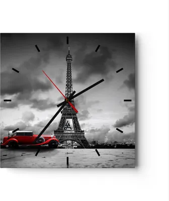 Produktbild von Wanduhr - Quadrat - Glasuhr - Auto Eiffle Paris Stadt - 30x30cm - Schleichendes Uhrwerk - Lautlos - zum Aufhängen bereit - Dekoration Modern - Wanddekoration aus Glas - C3AC30x30-2828