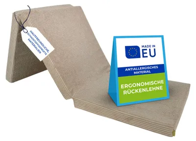Produktbild von Pillows24 – Klappmatratze Cord 195x120x15 cm mit abnehmbarem Bezug & Tragegriffen | faltbare Matratze für Gäste, Kinder oder Reisen | Cappuccino