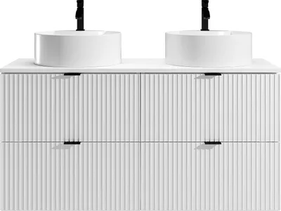 Produktbild von Waschbeckenunterschrank hängend - Streifenoptik - Weiß matt - Aufsatzwaschbecken rund - 120 cm - ZEVINI