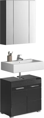 Immagine prodotto di Set di mobili per il bagno: mobile sotto lavabo + armadietto con specchio – Nero lucido – KLEANKIN