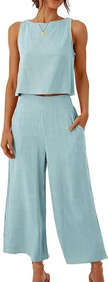 Image de ASKSA Femme 2 pièces été Sans manches Boutons Débardeur Pantalon large Jambe Unicolore Tenue deux pièces avec poches, Bleu Ciel, S
