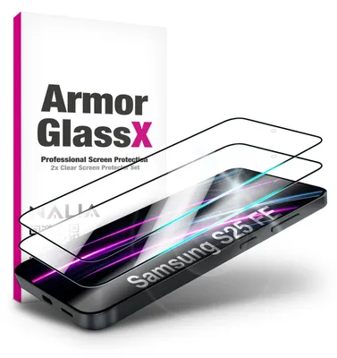 A product shot of a screen protector for a Samsung Galaxy S25 FE, with packaging in the background.