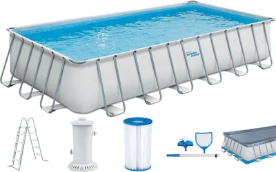 A rectangular swimming pool with accessories, including a ladder, filter, filter cartridge, and cover.
