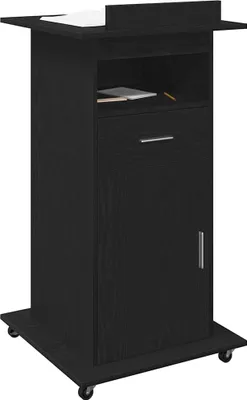 A black podium with a wooden texture on a white background.