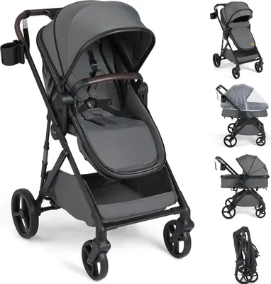 Produktbild von COSTWAY 3in1 Kinderwagen, Kombikinderwagen mit Sitz & Liegefunktion, Reisebuggy mit Rückenlehne, Verdeck & Netz, Reisesystem für 0-3 Jahren, Grau