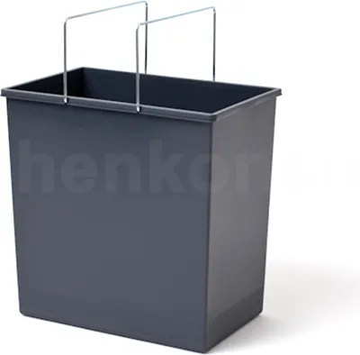 A dark gray trash can insert with metal handles is shown against a white background.