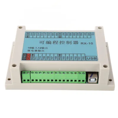 A programmable controller board with input and output terminals and a USB port.
