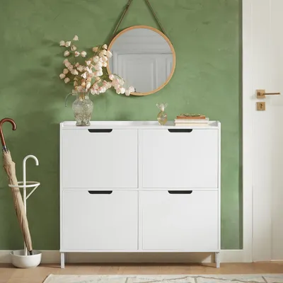 Produktbild von SoBuy Schuhschrank Schmal mit 4 Klappen – Platzsparender Schuhkipper für Kleine Wohnungen, Enge Flure & Durchgänge, Flurschrank Weiß FSR100-W