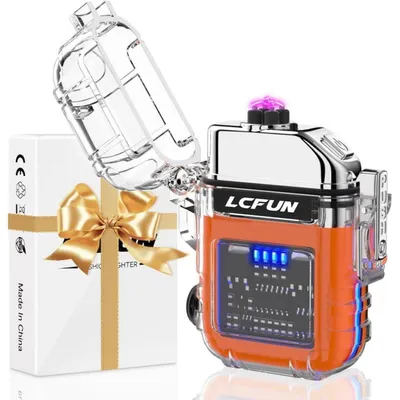 Produktbild von Elektrisches Feuerzeug USB Aufladbar mit Taschenlampe, Wasserdicht Winddicht Orange