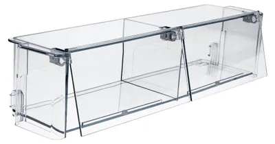 A clear plastic storage container with two compartments and hinged lids.