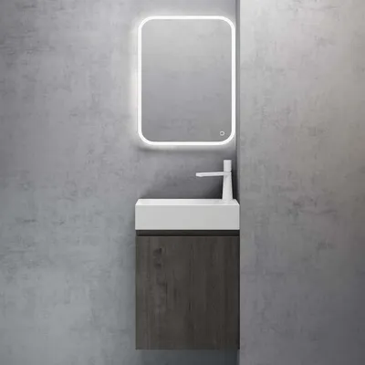 Immagine prodotto di doporro Set Mobile Bagno con Lavabo e Specchio LED Mobiletto Bagno Sospeso per WC Ospiti 46x26x63cm Rovere scuro, Lavabo da Parete Bianco, Seria Pisa02