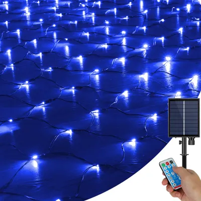 Produktbild von Solar Lichterkette Lichternetz Lichtervorhang Mit Fernbedienung Timer Weihnachten Party Garten Innen Außen Deko, Größe: 3M x 2M, Farbe: Blau