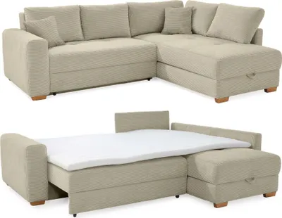 Produktbild von Ecksofa-Dauerschläfer Boxspring Federkern-Couch Topper Bettkasten, Cord Beige Grau / 15212