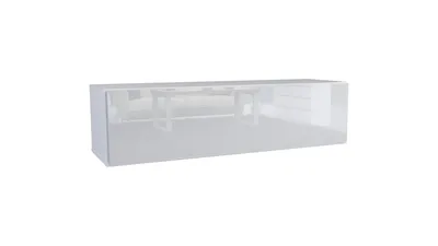 A 3D rendering of a white, wall-mounted TV lowboard.