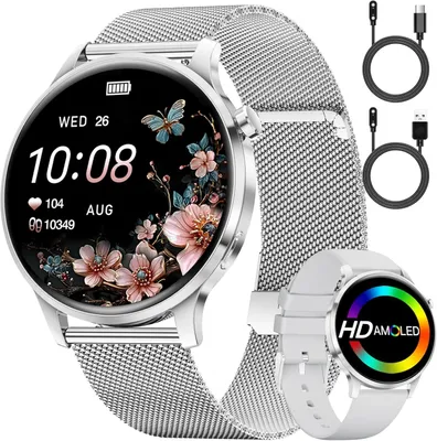 Produktbild von Damen mit Telefonfunktion Elegant Silber Edelstahl Smart Watch für Android iOS,Herzfrequenz,Schlafmonitor,Menstruationszyklus,100+ Sportmodi