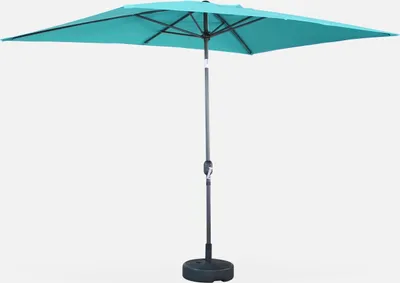 A turquoise rectangular patio umbrella is shown against a white background.