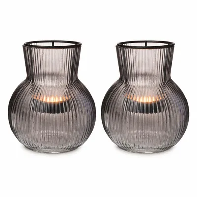 Produktbild von 2x Windlicht Rillen Glas mit Teelichthaltereinsatz grau Ø11cm H12,5cm