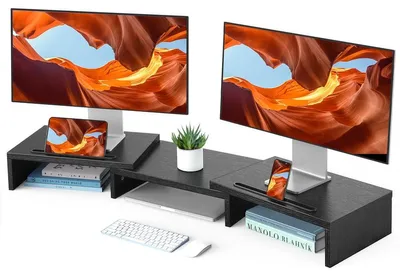 Obrázek produktu pro Stojan na monitory, podstavec pod monitor – pro 2 monitory – výškově nastavitelný – pro monitory o velikosti 29,13 až 40,9 palců – vyroben z MDF – vhodný do kanceláře a na psací stůl