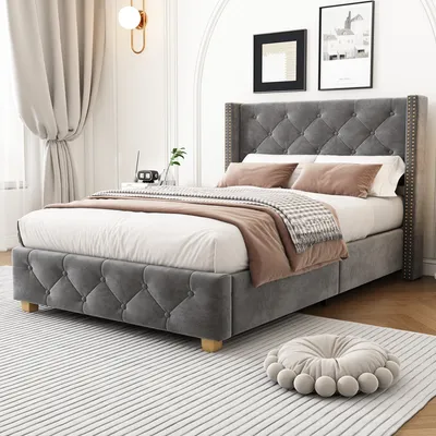 Obrázek produktu pro okwish Čalouněná postel jednolůžko 90×200 cm s roštem a čelem, knoflíkové prošívání, nýtování, samet, šedá, bez matrace