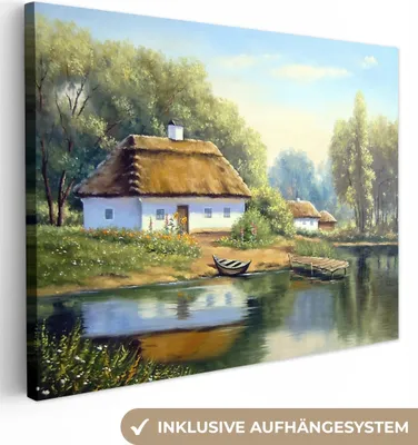 Produktbild von MuchoWow® - Leinwandbilder - Malerei - Haus - Natur - Wasser - Ölfarbe, Wandbild, Wanddeko Bilder Wohnzimmer, 120x90 cm