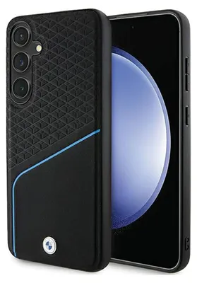 A black smartphone case with blue accents and a BMW logo is shown next to a smartphone.