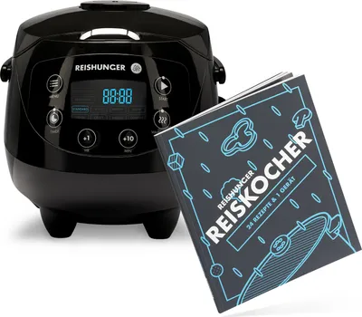 A black digital rice cooker and its accompanying cookbook are displayed against a white background.