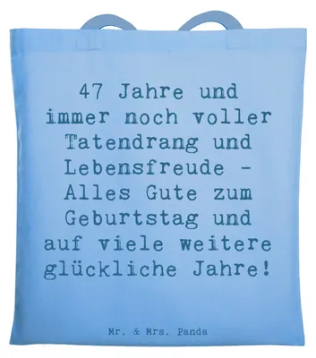 Produktbild von Mr. & Mrs. Panda Tote Bag Spruch 47. Geburtstag - Sky Blue - Geschenk, Laptoptasche, Tasche, Stoffbeutel, Shopping, Alter, Liebevolle Geschenke, Persönliche, Schultasche